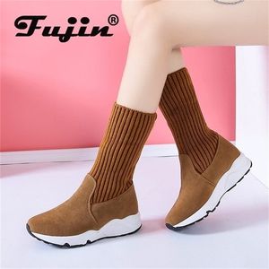 Fujin Flock Stretch Sock Plataforma transpirable Botines de piel de felpa Gamuza Zapatos cálidos Mujeres Botas de invierno Snow Sneaker Y200915