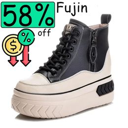 Fujin Hoge Top Vrouwen Schoenen Echt leer 8 cm Platform Laarzen Wedge Verborgen Hak Zip Lente Herfst Warm Bont Winter sneakers 240313