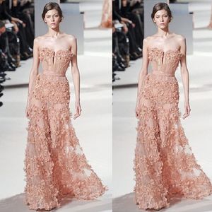 Volledige 3D bloem prom jurken strapless lace applique a line avondjurken vloer lengte mouwloze partij pageant jurk