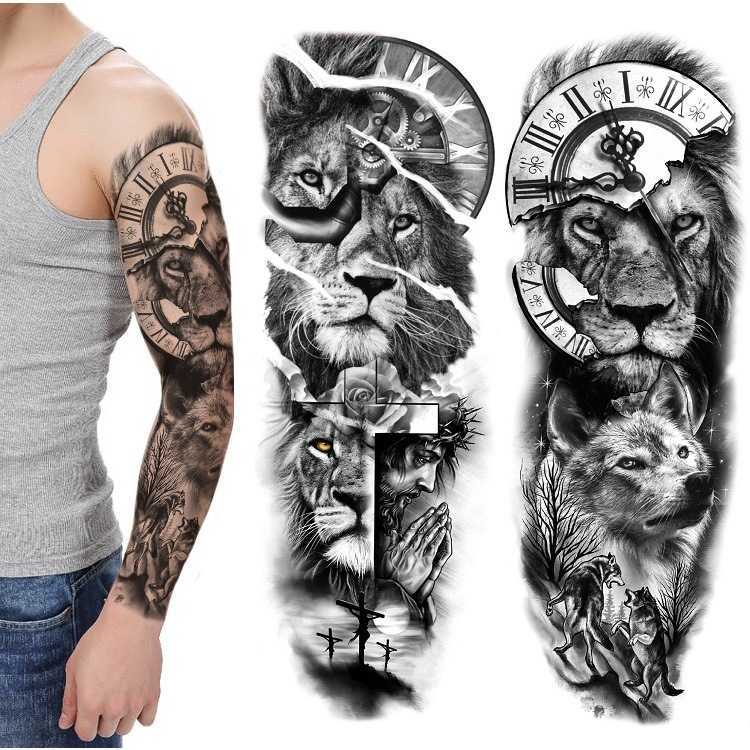Etiqueta engomada del tatuaje de la transferencia del agua del tatuaje de la simulación del lobo del león del viento del patrón grande de la flor del brazo completo
