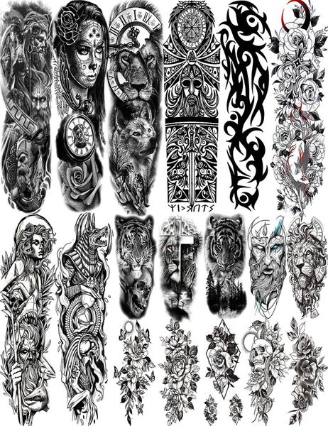 Sleeve de tatouages ​​temporaires du bras complet pour les hommes femmes réalistes faux tatoos warrior lion tiger fleur tatoo autocollant 9199798
