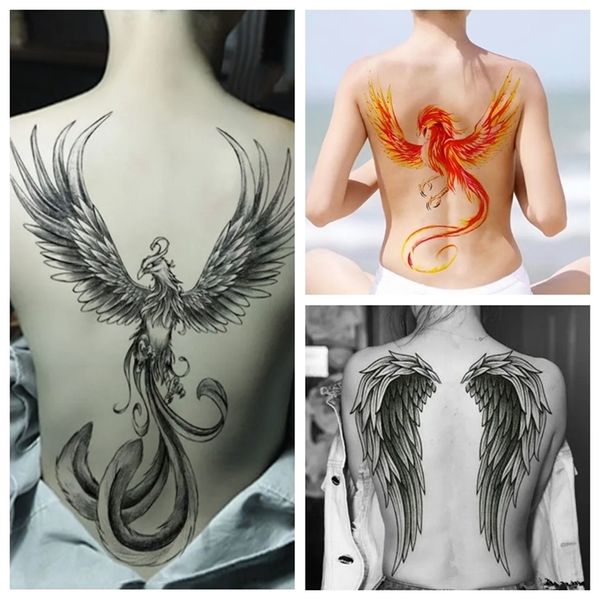 Tatouages au dos complet Femmes temporaires Faux tatouage Angel Wing Phoenix Bird pour garçons hommes sur le corps Art femme autocollant imperméable Tatoo 220521