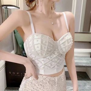 Volledige kralen vrouwelijke korset top vrouwen camis nachtclub parels korte borst binder sexy camisole mujer lingerie buis bh debardeur