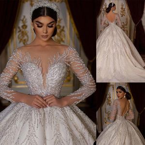 Full Bling Sequins Ball Gown Wedding Dress Sheer Jewel Neck Long Sleeve Bridal Gowns