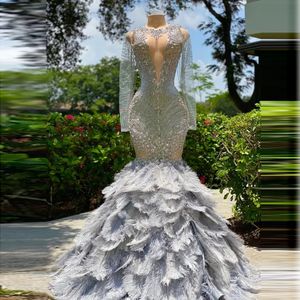 Vol Bodice Rhinestone Mermaid Prom jurk kralen kralen met lange mouwen Backless Feather Luxe formele avondjurk sexy jurken op maat gemaakt