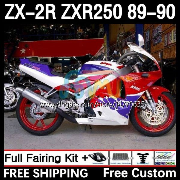 Kit complet du corps pour KAWASAKI NINJA ZX 2R 2 R R250 ZXR 250 ZX2R ZXR250 1989 1990 Carrosserie 8DH.10 ZX-2R ZXR-250 89-98 ZX-R250 ZX2 R 89 90 Carénage de moto blanc bleu