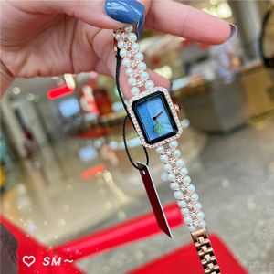 Relojes de pulsera de marca completa para mujer, señora, chica, cristal rectangular, estilo perla, lujo con logotipo, banda de metal de acero inoxidable, reloj de cuarzo CH 95