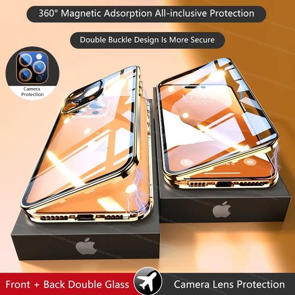 Protection complète de l'objectif de l'appareil photo, étui transparent magnétique en verre double face pour iPhone 15 14 13 12 11 mini Pro Max, cadre métallique antichoc