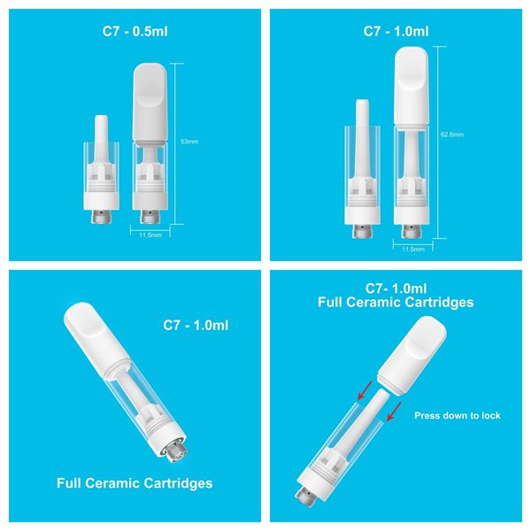 Vapes en céramique complète C7 cartouches blanches 0,5 ml 1,0 ml Push à preuves sans empreinte gratuite pure Pure All Ceramic 510 Chars de thread