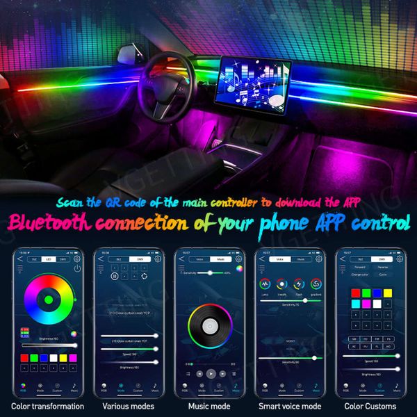 Luces ambientales de automóvil de streamer a todo color RGB 64 Color Universal LED Interior Hidden Acrílico Symphony Atmósfera Lámpina2024