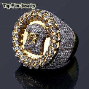 Anillo exagerado de cobre lleno brillante Micro Cubic Zirconia cara de Jesús chapado en oro real joyería de dedo Punk para hombres Hip Hop Rin189B