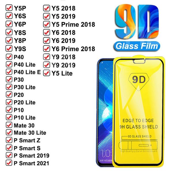 Protecteur d'écran en verre trempé 9D à couverture complète pour Huawei Mate 40 30 20 10 Lite 20X P50 P40 Lite P Smart 2021 Y7A Y9A Y5P Y6P Y7P Y8P Y9P Y9X Y9 Prime Y8S Nova 8 8i Y60