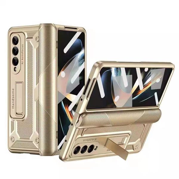 Bisagra de cubierta completa Fundas de teléfono a prueba de golpes para Samsung Galaxy Z Fold4 Fold 4 5G Soporte de soporte de PC Shells con película de vidrio templado incorporada