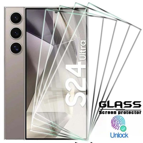 Cubierta completa de vidrio templado para Samsung Galaxy S24 Ultra S23 S22 S21 Plus Note 20 Protector de pantalla de película de desbloqueo de huellas dactilares HD Clear 0,18 mm borde blanco