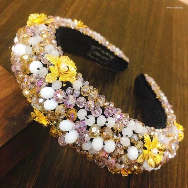 Diadema barroca de lujo con cristales para mujer, diademas para la cabeza, diademas con diamantes de imitación acolchados brillantes y flores doradas, accesorios para el cabello