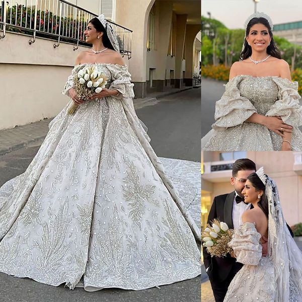 Robe de mariée en cristal princesse, robe de mariée, perles, épaules dénudées, fleurs 3D, manches courtes, paillettes, robes de mariée sur mesure