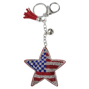 Volledige Crystal Rhinestone Heart Flag van de Verenigde Staten Keychain Bling Silver Pated Chain Key Rings hangende modeauto spelen hangerse hangende sieraden