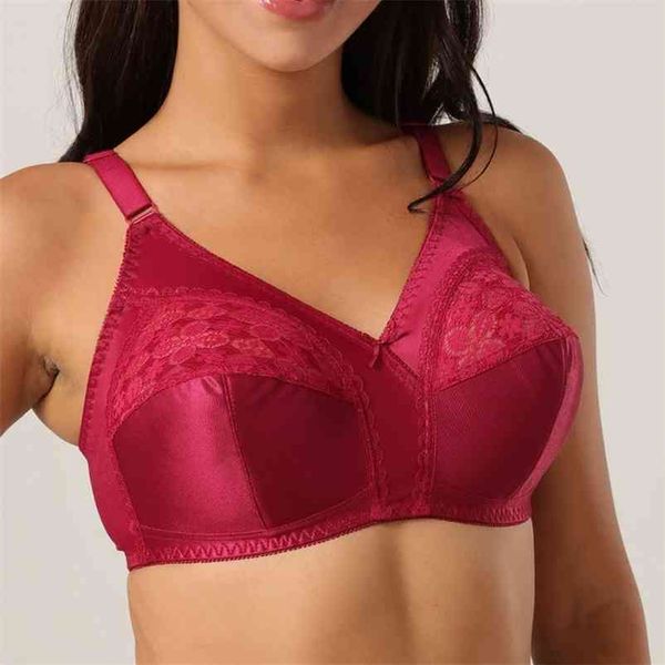 Full Cup Wireless Big Cup Bra Ultra-Thin Plus Size Underwear Dentelle Rouge Femme Européen Américain C D E F Soutiens-Gorge Push Up pour Femmes 210728