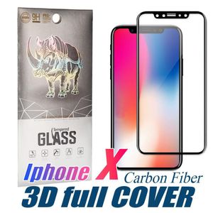 Vidrio curvo completo para iPhone 11 Pro XS MAX 7 Película protectora Fibra de carbono Pantalla de borde suave templado con caja