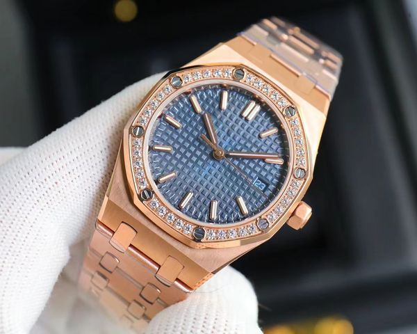 Esfera completa Trabajo Fecha automática Reloj para hombres y mujeres 34 mm Moda de lujo para hombres Banda de acero completa Reloj con movimiento mecánico Reloj de ocio dorado y plateado Roble