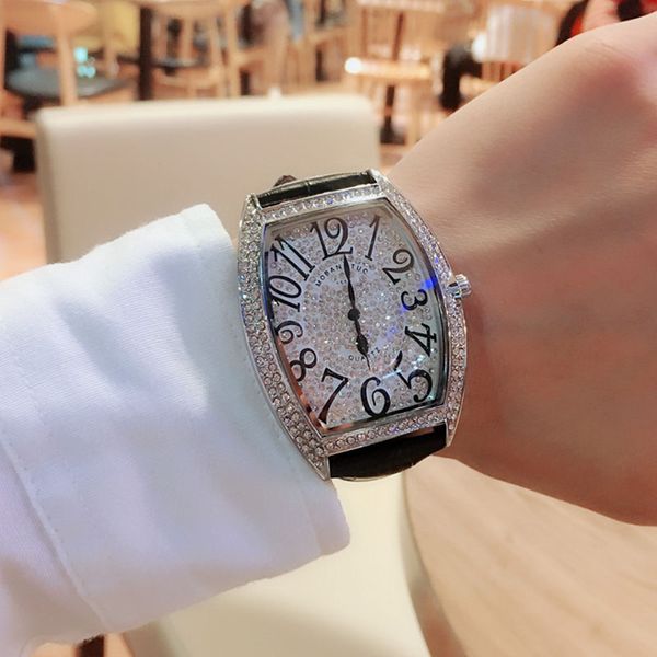 Full Diamond Big Dial Reloj para hombre Unisex Cuadrado Damas Reloj Moda Rhinestone Cuero Relogio Masculino Mujeres Hombre