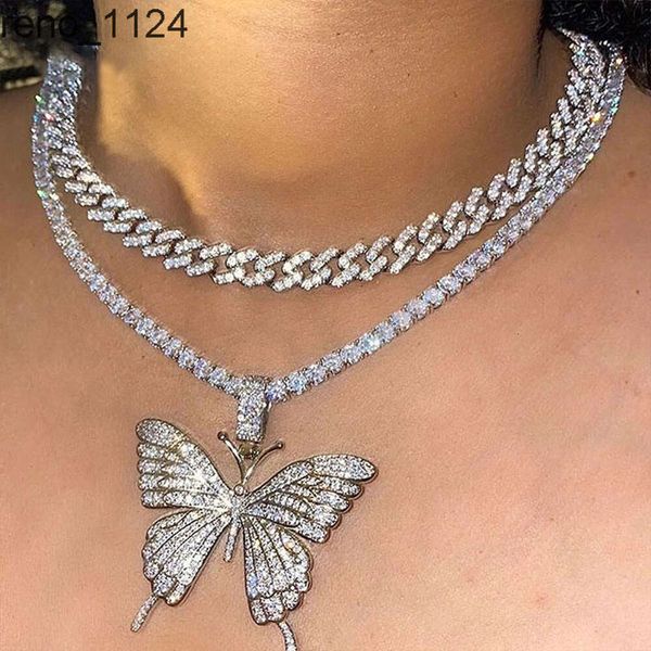 Collar de mariposa de diamantes para mujer, collar plateado de doble capa, cadena gruesa de Cuba, Gargantilla de lujo, joyería de moda