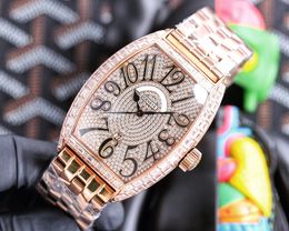 Volledige diamanten wijzerplaat Luxe herenhorloges Tonneau-polshorloge Zwitsers quartz uurwerk Datum Saffierkristal 18k roségoud Roestvrij staal Modieuze horloges Waterdicht