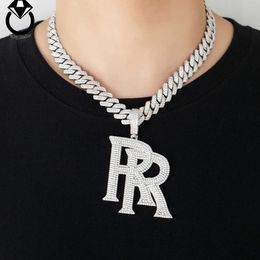 Pendentif Double R en diamant véritable, ensemble de cuivre galvanisé en or véritable, Zircon Hip Hop, collier avec lettres pour hommes, chaîne cubaine en diamant complet