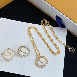 Volledige diamant gouden ketting kristal ronde cirkel brief oorbellen vrouwen ontwerper Rhinestone hangers oorhoepels sieraden sets