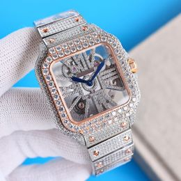 Mouvement en quartz pour hommes de montre en diamant complet Hollow Out Watch 39,8 mm avec bracelet en acier étouffé de diamant