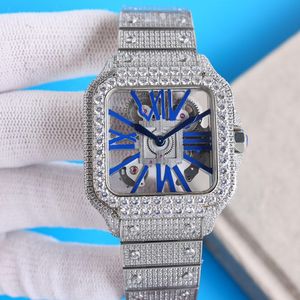 Volledige diamant hol uit Watch Mens Quartz Movement horloges 39,8 mm met diamant bezaaide stalen armband Lumineuze zakelijke polshorloges Montre de Luxe