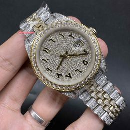 Volledige Diamond Iced Out Man Horloges 2Tone Goud Roestvrij Stalen Kast Horloge Arabische Cijfers Glanzend Goed Automatisch Uurwerk Horloge 41mm