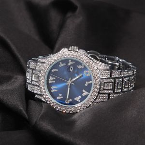 Volledige Diamond Iced Out Horloge Nieuwe Mode Hip Hop Rood Groen Blauw Gezicht Grote Wijzerplaat Heren Horloge Kalender Quartz Dameshorloges Gift