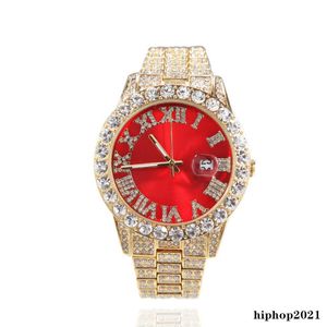 Volledige Diamond Iced Out Horloge Nieuwe Mode Hip Hop Rood Groen Blauw Gezicht Grote Wijzerplaat Heren Horloge Kalender Quartz Dameshorloge Gift243V