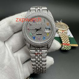 Reloj para hombre con diamantes completos, mecánico automático, con números arábigos de arcoíris, esfera de zafiro de 40mm con pulsera de acero tachonada de diamantes
