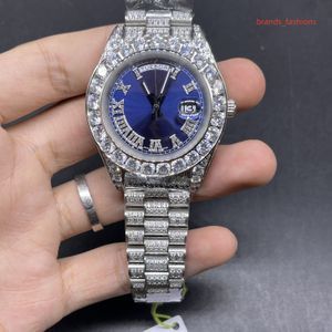 Volledige diamanten heren Watch automatische mechanische horloges voor mannen 43 mm blauw gezicht roestvrij staal 904L waterdichte polshorloge