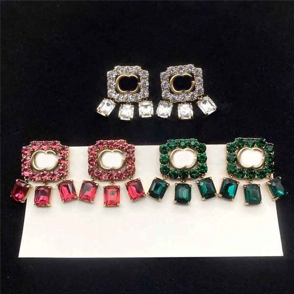 Pendientes colgantes de diamantes completos Charm Crystal Double Letter Studs Mujeres Sello de acero Gotas para los oídos con caja de regalo