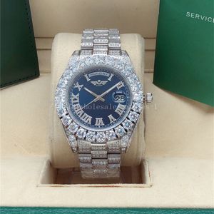 Plein diamant President Watch 218238 Big Diamond Bezel 43mm Cadran romain Jaune Argent hommes 2813 montres automatiques Montre-bracelet bleu dail Avec boîte d'origine