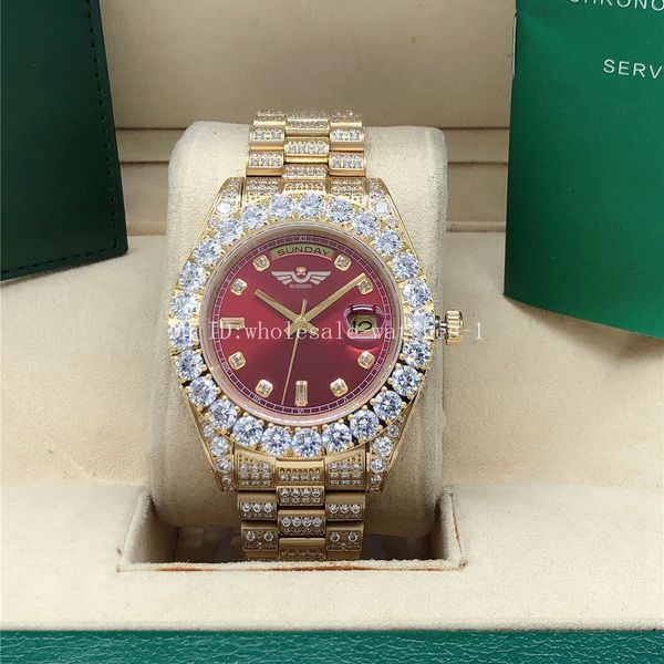 Reloj President con esfera roja y diamantes completos 128238 Zafiro Big Diamond Bisel 43 mm dorado para hombre Relojes de pulsera mecánicos automáticos con caja original