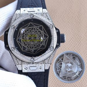 Volledige diamanten horloge Bezel 45 mm 904L roestvrijstalen Stell Case Miyota Mechanische automatische beweging Heren horloges Rubber Quick Release Watchband Geometry Dial PolsWatch