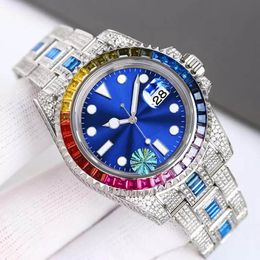 Reloj completo de diamantes Relojes mecánicos automáticos para hombre de 40 mm con pulsera de acero con incrustaciones de diamantes Relojes de pulsera de zafiro con esfera de diamantes cuadrados de arco iris Montre de Luxe