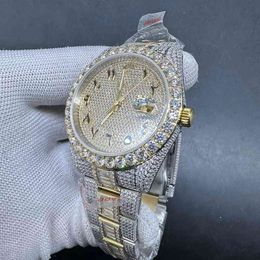 Volledige diamanten mannen kijken ijs geel goud 2tone kleur 41 mm cz stenen gezicht Arabische nummers 2824 Automatische stagelet diamanten horlogeband