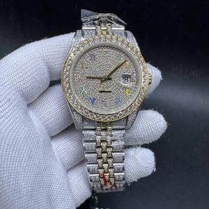 Herenhorloge met volledige diamanten, tweekleurige geelgouden kast, 41 mm regenboog, Arabische cijfers, Iced out diamanten horloges