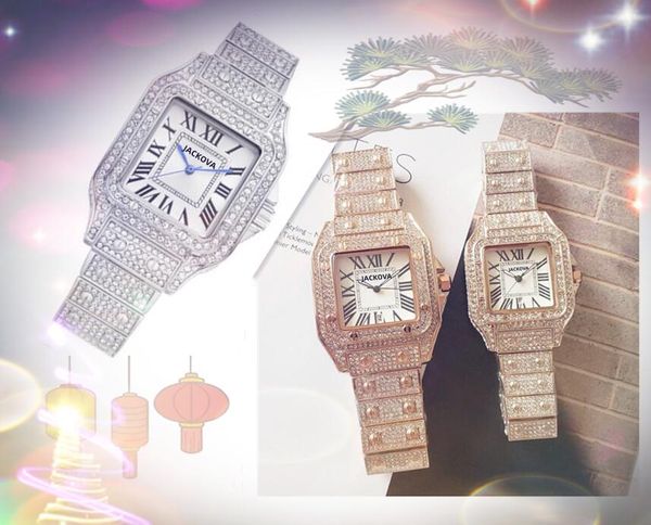 Plein de diamants hommes femmes carré montres romaines mouvement à quartz glacé brillant amant ensemble tarière crime date automatique en céramique saphir verre montre-bracelet montre de luxe cadeaux