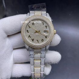 Diamantes completos reloj dos tonos oro plata caja 41 mm números árabes semana árabe y fecha automático mecánico brillante Ice out reloj de pulsera