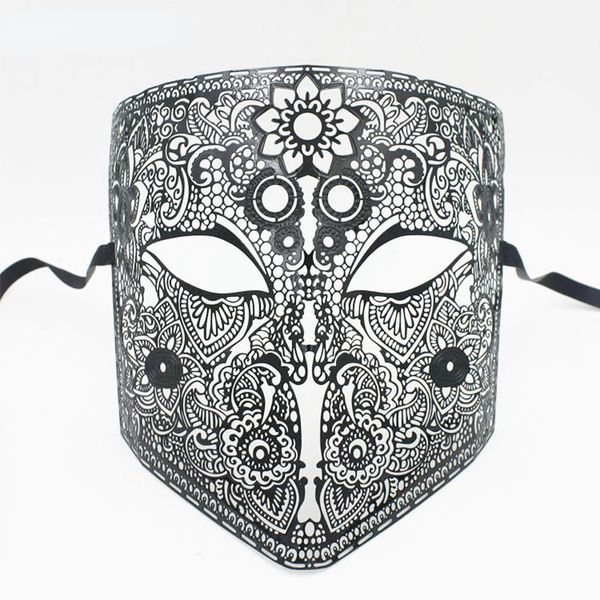 Cara completa Bauta Phantom Cosplay Máscara de mascarada veneciana Cráneo negro Escudo de Halloween Mardi Gras Máscara de fiesta de metal