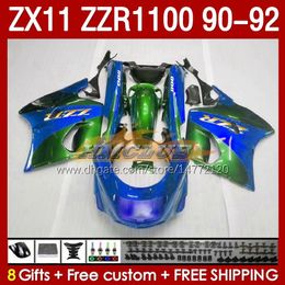 Carenados completos para KAWASAKI NINJA ZX 11 R 11R ZX11 R ZZR1100 ZX11R 90 91 92 Cuerpo 164No.90 ZZR 1100 CC ZX-11R ZZR-1100 1990 1991 1992 ZX-11 R 90-92 Kit de carenado ABS azul verde negro