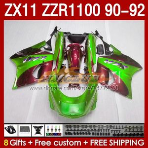 Carénages complets pour KAWASAKI NINJA ZX 11 R 11R ZX11 R ZZR1100 ZX11R 90 91 92 Corps 164No.89 ZZR 1100 CC ZX-11R ZZR-1100 1990 1991 1992 ZX-11 R 90-92 Kit de carénage ABS vert stock