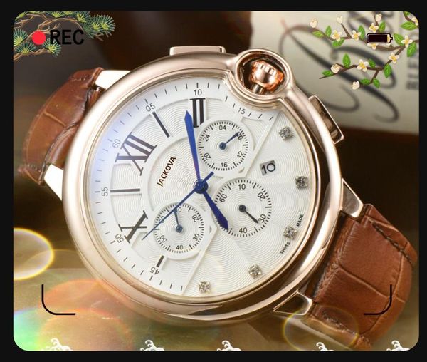 Reloj de cuarzo completamente funcional a la moda para hombre, cronómetro, fecha automática de 43mm, cuero genuino, hebilla de mariposa, reloj de diseñador, venta al por mayor, regalos para hombre, reloj de pulsera
