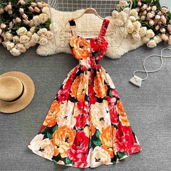 Plein jardin printemps série rétro impression fronde Vestidos femmes robe d'été tempérament vacances Midi GK603 210507